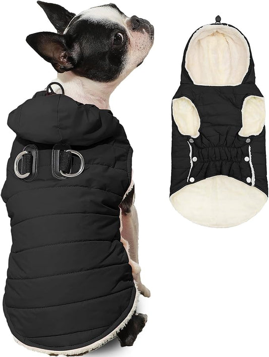 Fleece Lining Dog Hoodie with Harness Built in,Extra Warm Small Dog Jacket in Winter Puppy Coats with Drawstring Hooded,Black XS