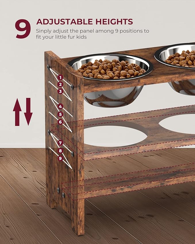 Vantic Elevated Dog Bowls, Adjustable Raised Dog Bowl Stand for Large and XLarge Pet, Sturdy Particle Board Food Feeder with 2 Stainless Steel Dishes, Rustic Brown