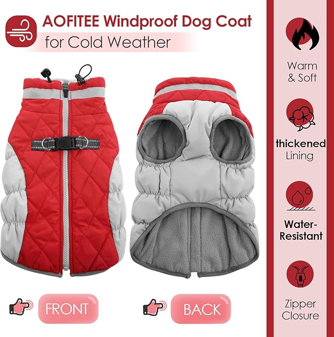 AOFITEE Dog Coat, Warm Dog Winter Coat for Small Dogs, Reflective Turtleneck Dogs Jacket with Harness Built in, Waterproof Windproof Pet Fleece Vest Snow Jacket for Cold Weather, Christmas Red S