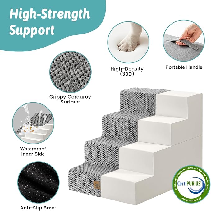 Dog Stairs for Small Dogs, 4 Tier Removable Wider Pet Stairs for Couch and Bed, 17.7" H Dog Steps for Old Cats, Puppy, Small Dogs, 17.7x23.6x17.7 inch, Gray
