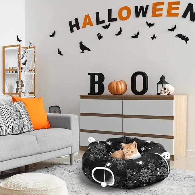 Aliceset Halloween Cat Tunnel Bed for Indoor Cats 3ft x 3ft x 10in Foldable Cat Donut Tunnel with Washable Cushion Halloween Spider Pet Peekaboo Cave Toy for Small Kitten Kitty