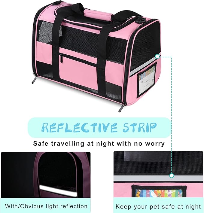 Cat Carrier Pet Carrier Airline Approved for Small Dogs Medium Cats Puppies 15 Lbs Dog Carrier with Reflective Strip, Collapsible Soft Sided Cat Travel Carriers - Pink