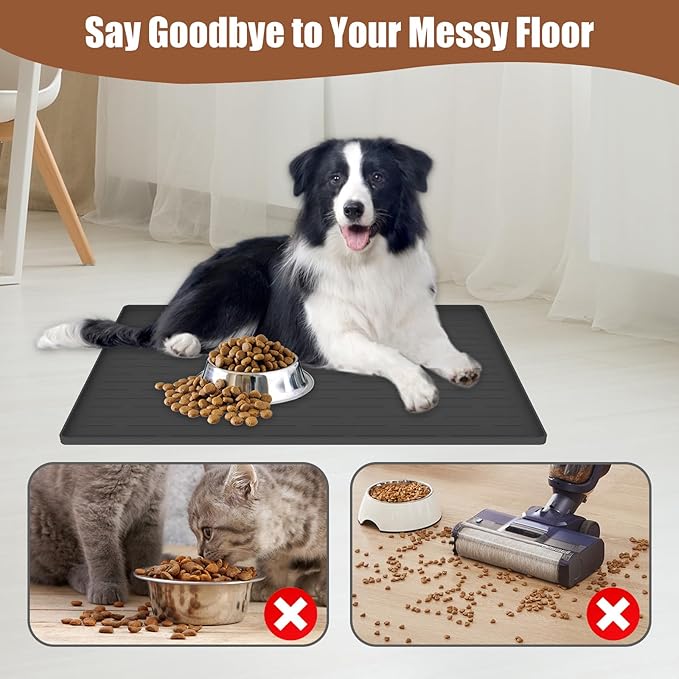 24"x16" Large Dog Food Mat, Silicone Dog and Cat Mats for Food and Water Bowls, Waterproof Raised Edge Pet Feeding Mat for Contain Spills Protects Floors, Multiple Colors & Sizes for Pets, Deep Green