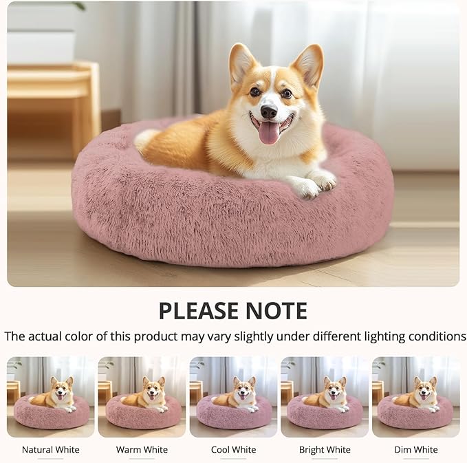 JOLLYVOGUE Calming Dog & Cat Bed for Small Dogs, Anti-Anxiety Donut Cuddler Cozy Soft Round Bed with Anti-Slip Bottom, Fluffy Faux Fur Plush Cushion Beds for Small Medium Pets (23")