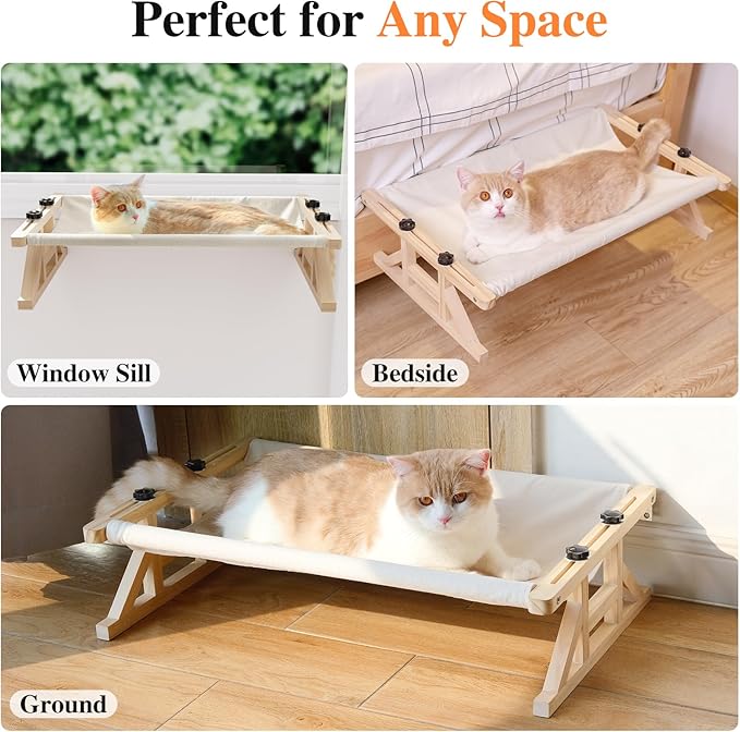 Tresbro 2-in-1 Cat Window Perch & Elevated Cat Hammock, 18.9''L × 15.7''W × 10.2" H Wooden Frame Pet Bed for Indoor Cats, Easy Setup, Adjustable, No Drilling, Cats Perch for Window, Bedside, Ground