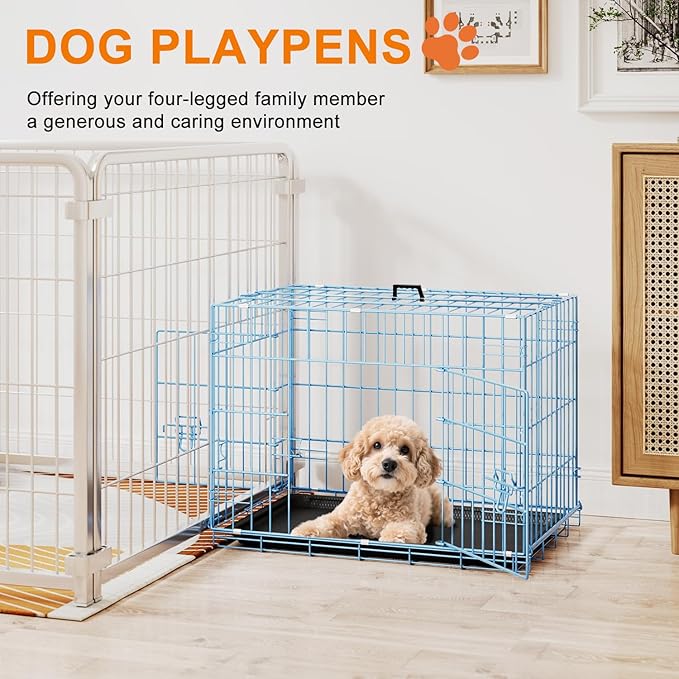FDW 24inch Dog Crate Pet Cage with Metal Folding Design Plastic Tray Indoor Outdoor Dog Kennel Cage for Small Dogs,Blue