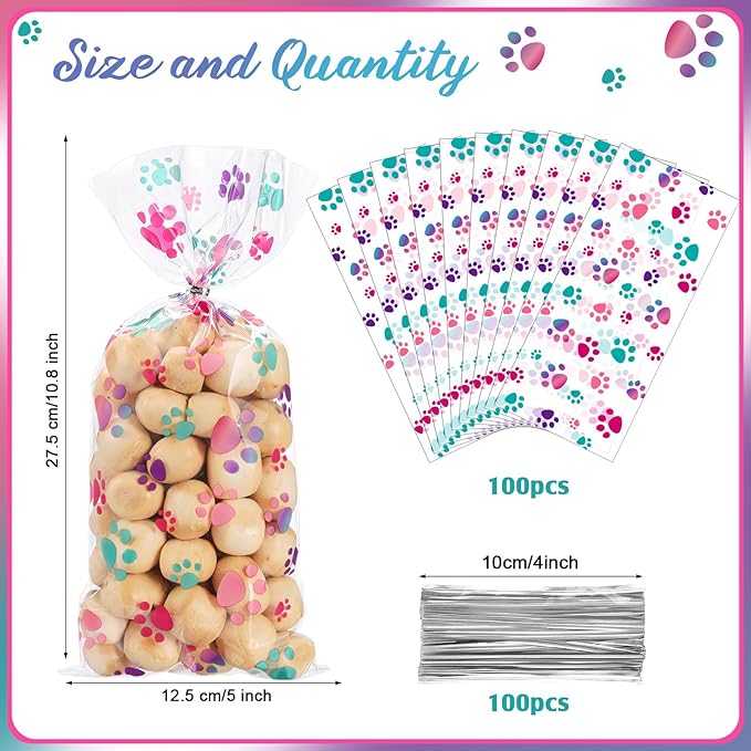 Blulu 100 Pieces Dog Treat Bags Puppy Party Favor Pet Paw Cone Cellophane Bags Candy Heat SealableDog Paw Gift with 100 Pieces Silver Twist Ties for Pet Cat Treat Party Favor(Pink and Purple)