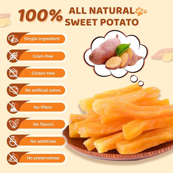 Sweet Potato Dog Treats for Small Medium & Large Dogs, Single Ingredient Healthy Natural Low Fat Dog Chews, Vegan Soft Puppy Training Snacks, Grain Free Rawhide Free Gluten Free, 10.58oz