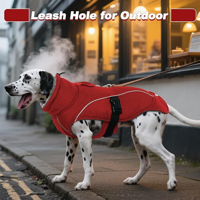 DENTRUN Large Dog Coat - Thick Fleece Lined Reflective Winter Jacket, Snap Closure & Leash Hole, Warm Thick Fleece Lined, Plush Turtleneck Vest for German Shepherd, Red, XXL