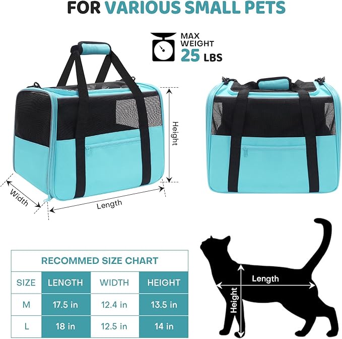 JUNGYOON Large Cat Carrier – Soft-Sided Airline-Approved Pet Carrier Bag with Top Opening, Portable Travel Carrier for Big Cats & Dogs Up to 20lbs – Safety Zippers, Collapsible Bowl, Blue