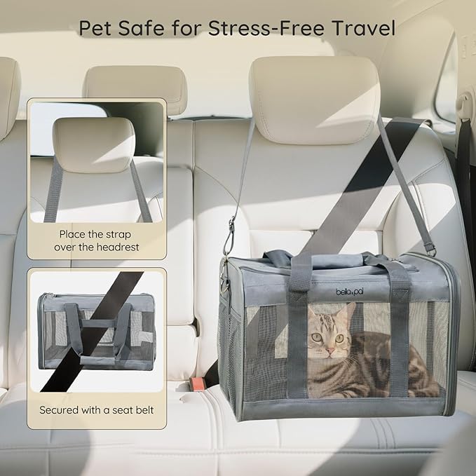 BELLA & PAL Cat Carrier Travel Bag, Airline Approved Lightweight Cat Carrier, Soft Sided Pet Carrier for Puppy Dogs Up to 18lbs, Collapsible Kitten Bag with Removable Waterproof Mat, Ventilated Mesh