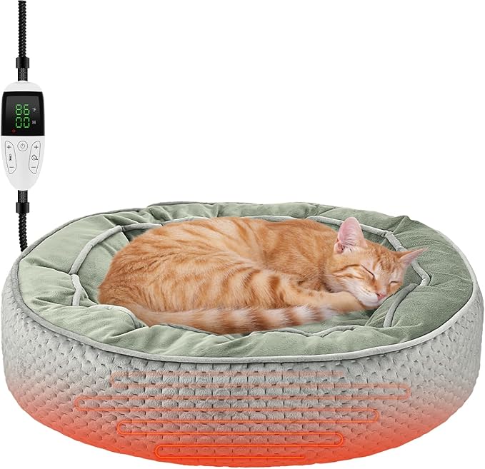 Electric Heated Cat Bed Warmer for Cat & Puppy - Removable, Waterproof, Washable - Thermal Heating with Adjustable Timer & Temperature - Small Dog Size (Gray)