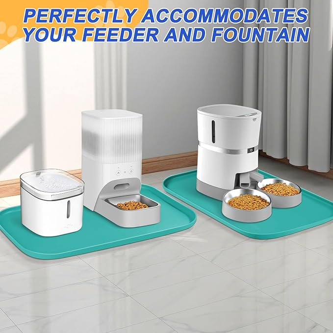 Silicone Pet Feeding Mat with Raised Edge for Food and Water, Dog Bowl Mats, Cat Bowls Placemat with High Lip for Floor Waterproof, Rubber Tray for Cats and Dogs 24 x 16 x0.8 Dark Turquoise