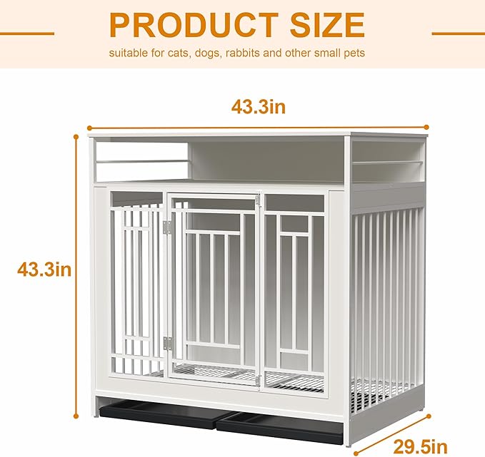 43.3" Dog Crate Furniture for Large Breeds, Wooden Dog Kennel with Divider & Double Doors, Large Drawer Storage, Heavy Duty Indoor Dog Cage, Decorative Pet House for Living Room & Bedroom, White