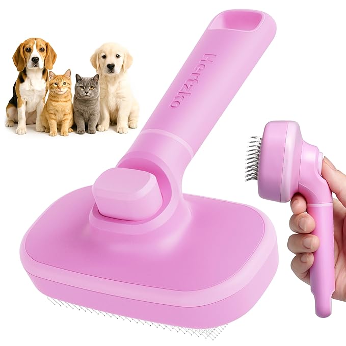 Hertzko Self Cleaning Slicker Brush for Cats & Dogs – Grooming Tool for Shedding Long & Short Hair – Retractable Bristles – Easy-Clean Cat & Dog Deshedding Brush – Painless Detangling - Pink