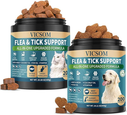 Flea and Tick Prevention for Dogs & Cats Chewable, 400 Treats (200 Dog + 200 Cat) – Natural Oral Flea Treatment for Dogs & Cats with Skin & Digestive Support, Beef & Salmon Flavor, All Breeds & Ages
