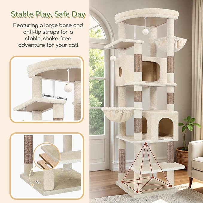 Globlazer Heavy Duty Cat Tree, 74in Sturdy Cat Tower for Large Cats Adult, Big Cat Tree with 7 Sisal Scratching Posts, 2 Padded Condos, 2 Dual-Ear Hanging Baskets, Enlarged Top Perch, S74, Beige