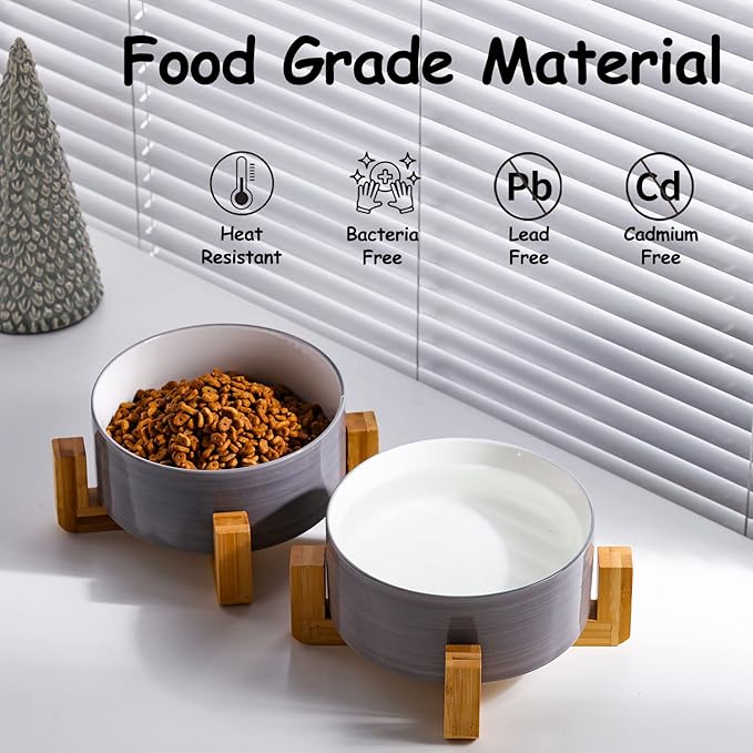 Petygooing Ceramic Cat Dog Bowl Set with Stand, Pet Food and Water Bowl,Medium Pet Dishes Anti Slip Set of 2 Cat Dog Bowls-Cute Modern Pet Food Bowls Small Medium Size (28 OZ /3.6 Cups) Grey White