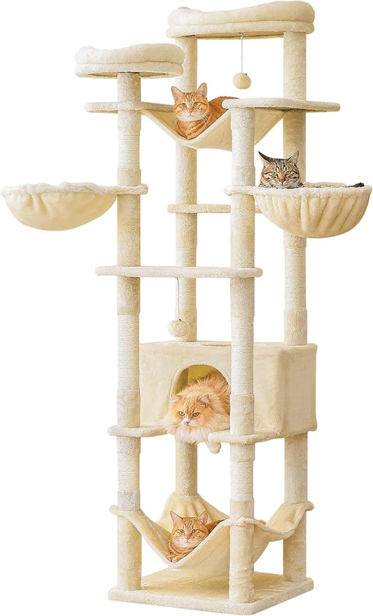 77-Inch Tall Cat Tree, Multi-Level Large Cat Tower with 4 Hammocks, 2 Padded Perches, Cat Condo, Sisal Scratching Posts and Hanging Toys for Adult Cats, Beige