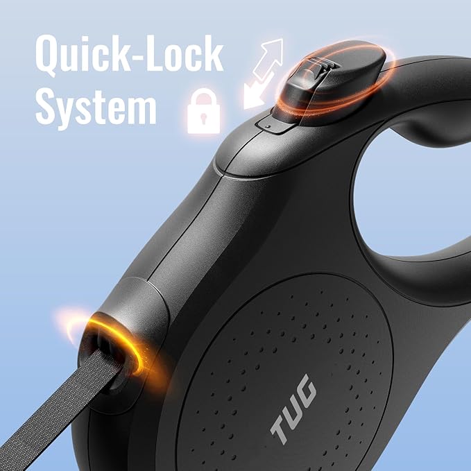 TUG Quest Retractable Dog Leash | 360° Tangle-Free Retraction | 16 ft Strong Nylon Tape (Medium, Black)