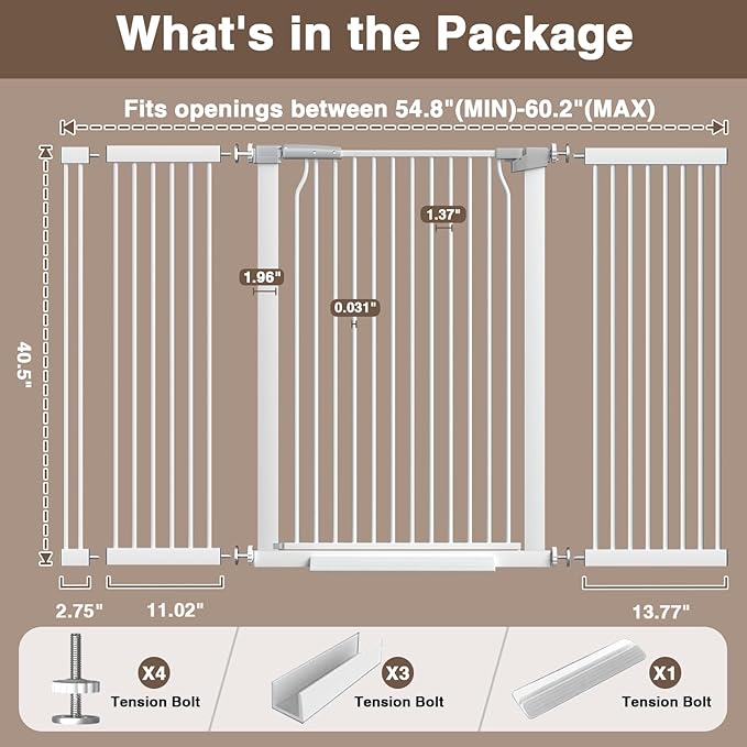 41-Inch Extra Tall Metal Auto Close Dog and Cat Gate for Doorways and Stairs, No Drill Adjustable 54.8-60.2-Inch Pressure Mounted Walk Through Pet Gate with Expansion Kit, White
