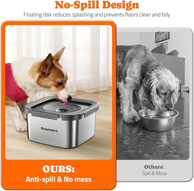 Dog Water Bowl No Spill, 4.5L Stainless Steel Dog Floating Bowl, Slow Water Bowl for Dog with Filter, Non-Slip Base, No Splash Water Bowl for Medium Large Messy Drinkers Grey