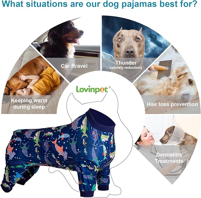LovinPet Dog Sweatshirt, PjS for Surgery Recovery, Ocean Blue Shark Print, Large Dog Pjs, Lightweight Uv Protection Shirt,Easy to Wear Dog Jumpsuit, Medium,Large