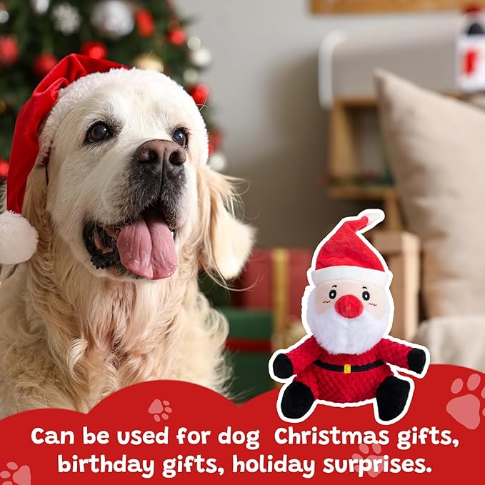 Hollypet Christmas Squeaky Plush Stuffed Durable Dog Toys, Cute Puppy Chew Toys for Small, Medium and Large Breed Dogs, Sitting Santa Claus