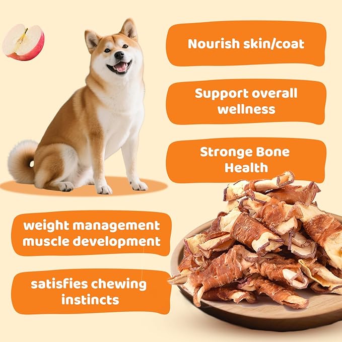 Chicken & Apple Wrapped Dog Treats, Healthy Natural Apple & Chicken Jerky Wraps, Grain & Gluten Free Chewy Dog Training Treats for Small Medium Large Dogs, 10.58oz