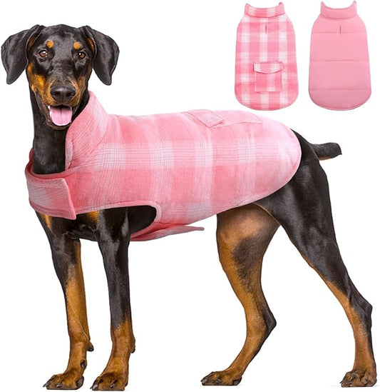 Kuoser Dog Winter Coat, Reversible Dog Jacket, Warm Doggie Coat British Style Puppy Cold Weather Coats, Windproof Pet Clothes for Extra Large Dogs Pink XXXL