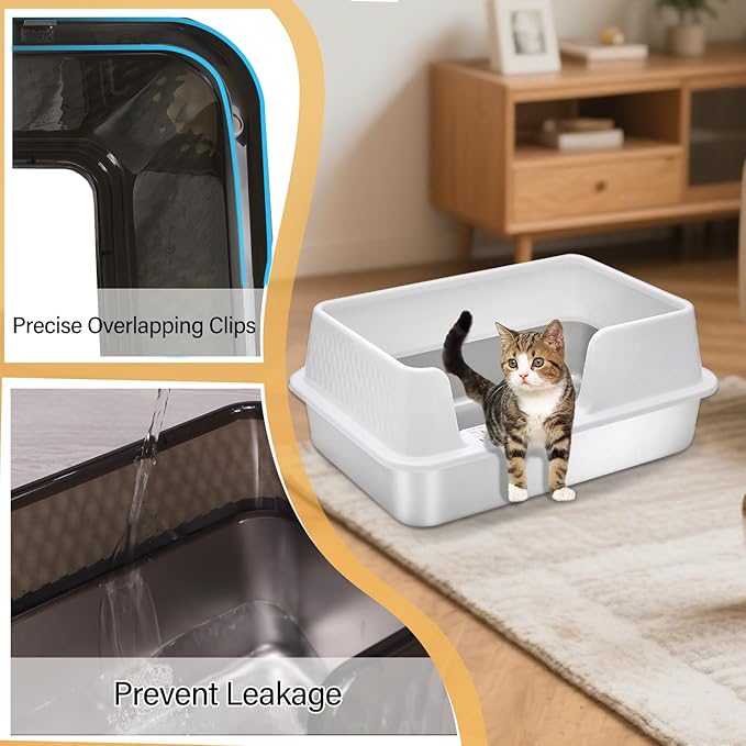 Medium Low Entry Enclosed Stainless Steel Cat Litter Box with lid Scoop and Pads Easy Clean Kitten Kitty White Metal Litter Box