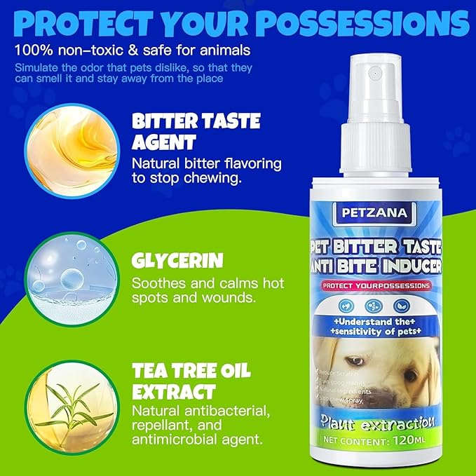 Bitter Apple Spray for Dogs: 100ML Natural Alcohol-Free Bitter Spray for Dogs to Stop Chewing Licking, Deterrent Spray for Puppy Training Protect Furniture, Shoes, Cords Indoor/Outdoor Use