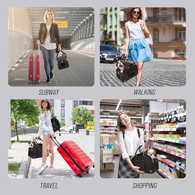 Foldable Premium PU Leather Dog Purse - Portable Pet Carrier Tote Bag for Small to Medium Cats and Dogs (Black-Small)