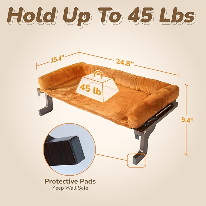 45LBS Capacity Cat Window Perch with Bolster, Hammock Seat with Plywood & Metal Frame, Cat Window Bed for Indoor Cats & Kitten, Extra Cood Pad (Walnut Wood & Brown Cushion, 24.8''W x 9.4''H)