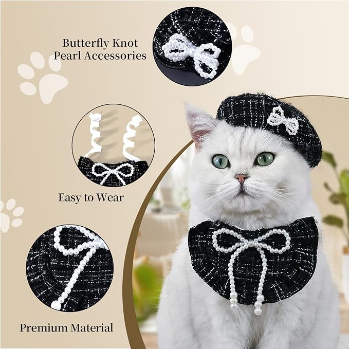 HOWWFALY 2PCS Cat Beret Hat with Pearl Bowtie, Adjustable Bandana Scarf Set Pet Princess Costume for Halloween Christmas, Cat Dog Birthday Party Apparel(Black Pearl)