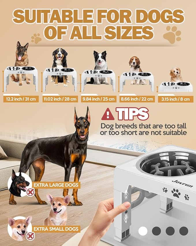 Elevated Dog Bowls, Dog Feeder with 2 Stainless Steel Dishes &1 Slow Feeder Bowl, 5 Heights Adjustable Raised Stand for Medium Large, Food Dishes with Non-Slip Feet