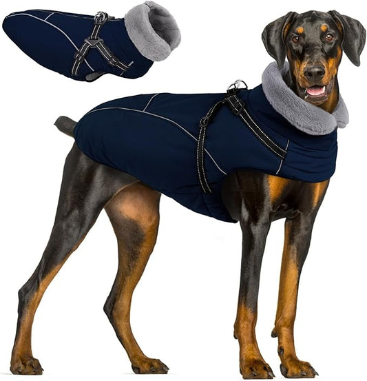 Queenmore Large Dog Coat,Dog Jacket for Extra Large Dogs with Harness Built in,Reflective Waterproof Dogs Jackets with Fleece Lining,Warm Snowsuit Pet Coats for Doberman,Labrador,NavyBlue,XXL