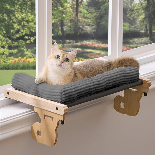 Gardner Pet Cat Window Perch, 2 in 1 Cat Hammock Window Sill Seat with Cushion, Adjustable Cat Bed for Window sill, Wood & Metal Frame for Large Cats(Grey)