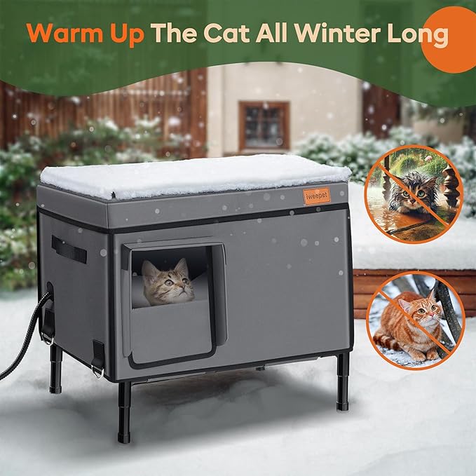 Heated Cat House for Outdoor Cat in Winter, 100% Waterproof Outdoor Cat House with Heating Pad, Foil Insulated Cat Shelter for Outside Barn Feral Stray Cat