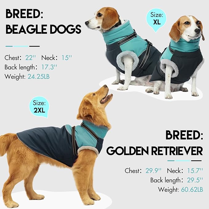 Large Dog Jacket - Built-in Harness, Waterproof, Windproof, Fleece Lined, Perfect for Snow and Winter