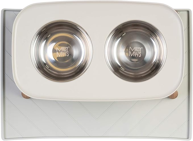 Messy Mutts Elevated Double Feeder with Stainless Bowls | Adjustable Height 3”, 5”, or 10” | Adjustable Standing Feeder for Dogs | 5 Cups per Bowl | Light Grey with Faux Wood Legs