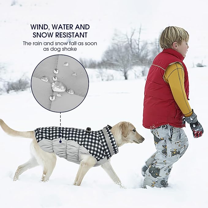 FUAMEY Dog Coat for Large Dogs,Waterproof Dog Winter Jacket with Harness Built in Puppy Cold Weather Coats Reflective Pet Vest with Zipper Warm Fleece Dogs Snowsuit Windproof Checkerboard 3XL