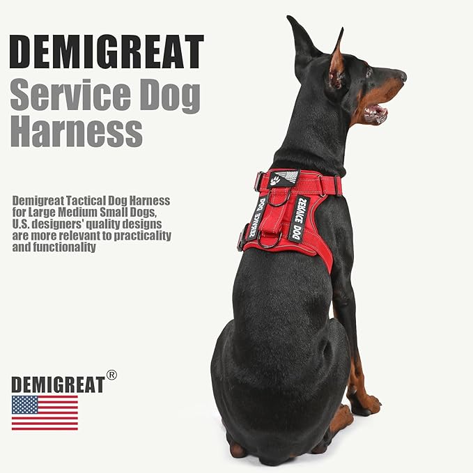 Demigreat Service Dog Harness, Reflective Dog Vest Harness with 5 PCS Patches, Adjustable Soft Oxford Pet Harness, Inner Layer Mesh, Easy to Control for Dogs (All-RED, Medium (Pack of 1))