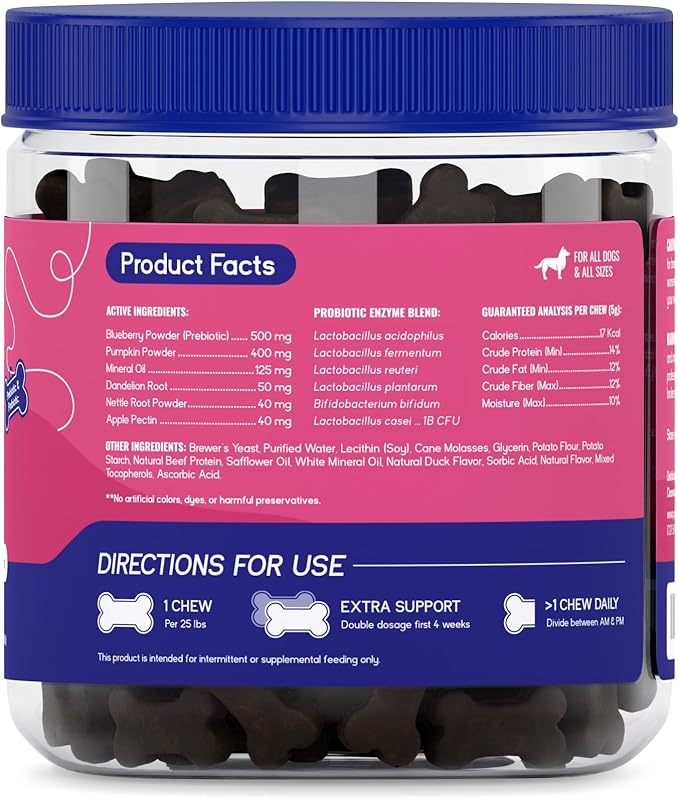 PupGrade Digestive Support Chews for Dogs - Prebiotic and Probiotic Supplement with Enzyme Blend - Upset Stomach, Diarrhea, Bowel, and Immune Support - Pumpkin, Blueberry, Mineral Oil - 360 Soft Chews