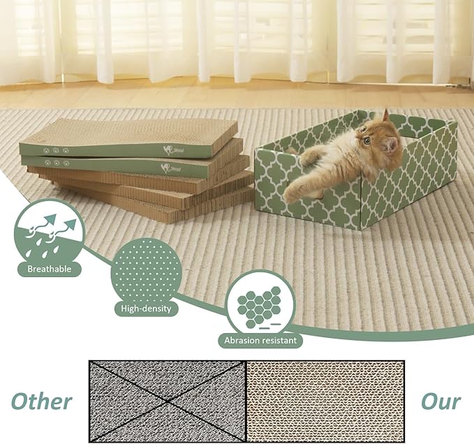 MECOOL Cat Scratching Board，5PC Cat Scratch Pad with Box，Reversible Corrugated Cat Scratcher Cardboard and Lounge Bed for Indoor Cats, Catnip