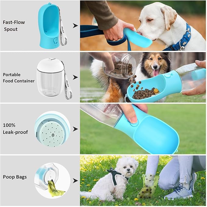 20oz Dog Water Bottle with Food Container & Poop Bag Dispenser | Leak-Proof Portable Pet Water Dispenser with Carabiner Clip | for Walking, Hiking, Travel