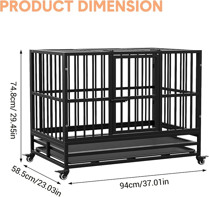 Heavy Duty Metal Dog Crate, 37 in Double Door Dog Cage with Wheels, Folding Indoor Pet House with Removable Tray Perfect for Small, Medium and Large Pets