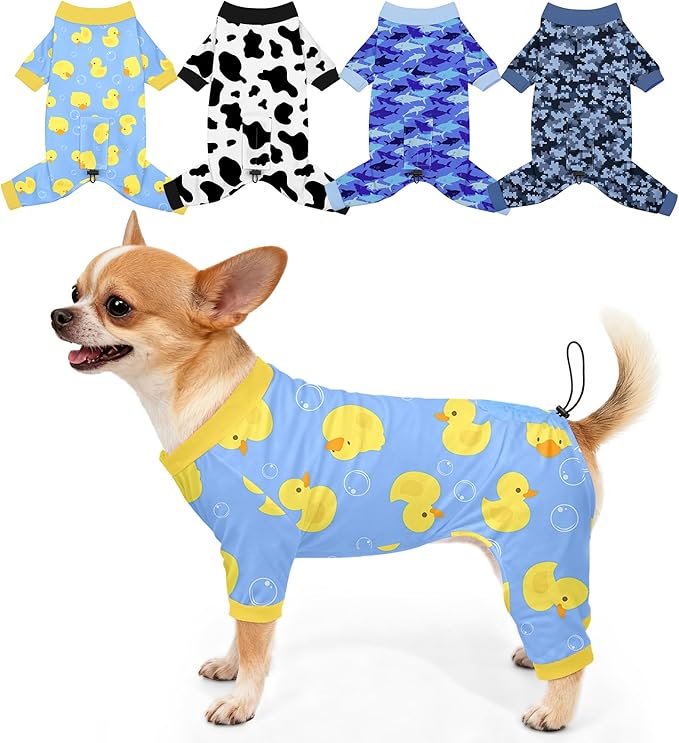 Bienbee Dog Pajamas, 4 Pack Cute Soft Dog Puppy Clothes Dogs Pjs Onesies Jammies Outfit Adjustable Breathable & Stretchy Clothes for Small Medium Large Dogs Girl Boy Puppy-XS
