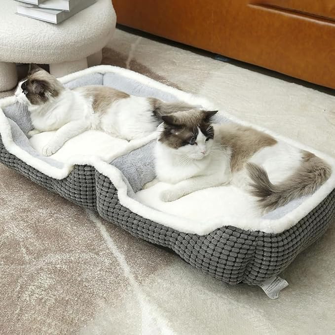 Dog Beds for Two Small Dogs, Double Cat Beds for Indoor Cats, Super Soft Washable Cat Bed with Anti-Slip & Water-Resistant Bottom, Luxury Durable Kitten Bed Puppy Bed, Rectangle Grey Animal Pet Beds