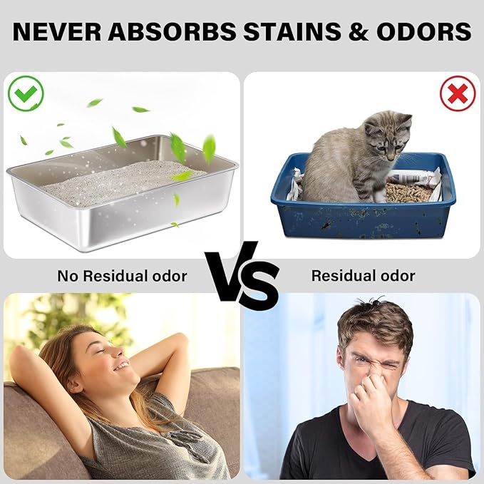 Stainless Steel Litter Box, 17.7"x13.8"x6" Medium to Large Metal Litter Box for Kitty/Cat/Rabbits, Easy to Clean, Non Stick Litterbox No Smell for Adult Cats